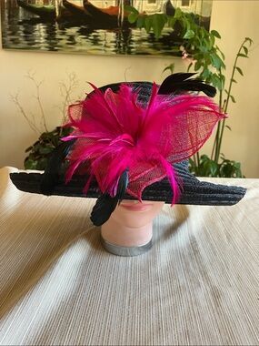 Elegant Black Wide-Brim Hat with Hot Pink Feather Accent